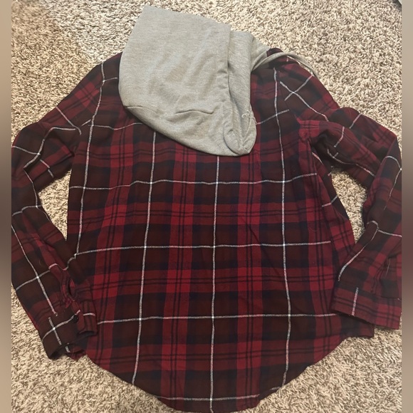 New Look Women's Hooded Plaid Flannel Shirt - Red & Black - Size Large - Picture 4 of 7